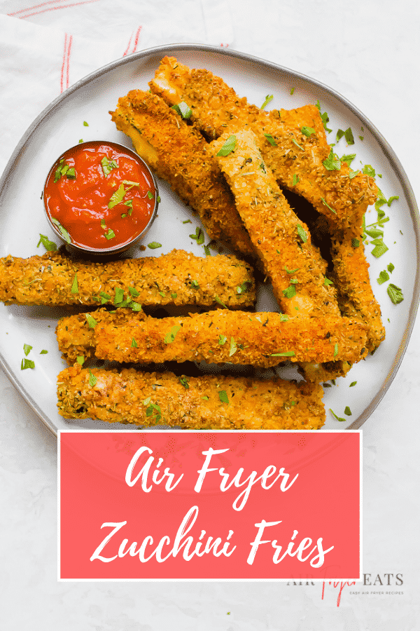 Air Fryer Zucchini Fries are a quick and easy healthy side dish! A few basic pantry ingredients turns your fresh zucchini into delicious, crunchy fries. #vegetarian #airfryer #zucchinifries via @vegetarianmamma