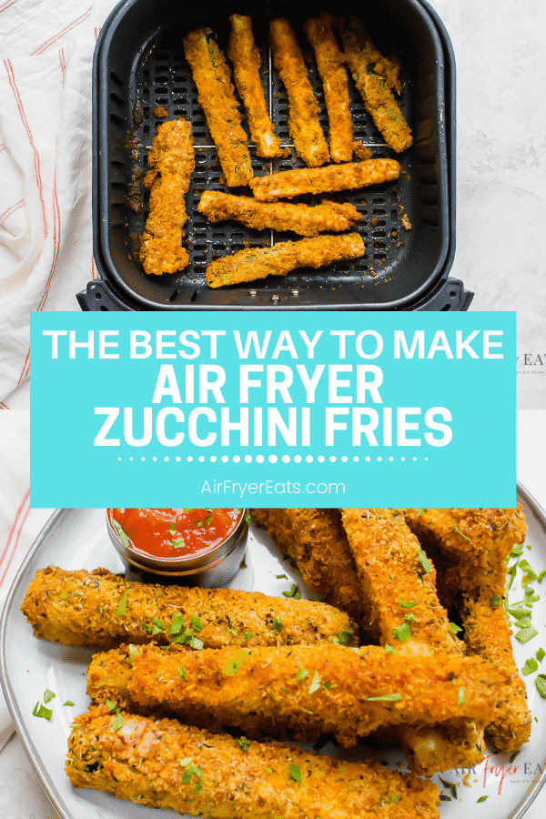 Air Fryer Zucchini Fries are a quick and easy healthy side dish! A few basic pantry ingredients turns your fresh zucchini into delicious, crunchy fries. #vegetarian #airfryer #zucchinifries via @vegetarianmamma