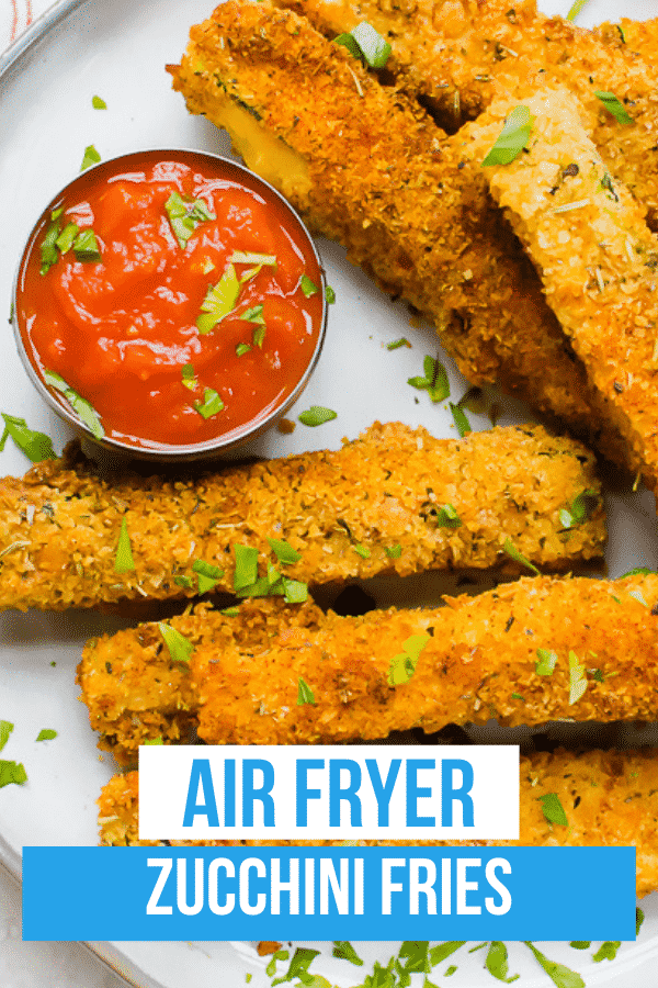 Air Fryer Zucchini Fries are a quick and easy healthy side dish! A few basic pantry ingredients turns your fresh zucchini into delicious, crunchy fries. #vegetarian #airfryer #zucchinifries via @vegetarianmamma