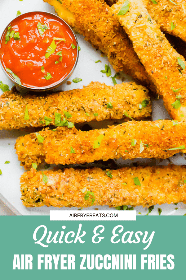 Air Fryer Zucchini Fries are a quick and easy healthy side dish! A few basic pantry ingredients turns your fresh zucchini into delicious, crunchy fries. #vegetarian #airfryer #zucchinifries via @vegetarianmamma