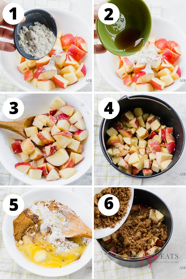 vertical collage picture showing the six steps to make air fryer apple crisp