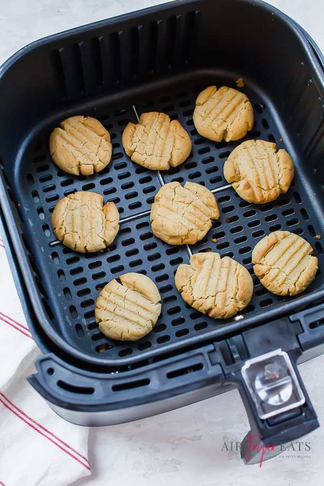 Nine cookies baked in an air fryer basket