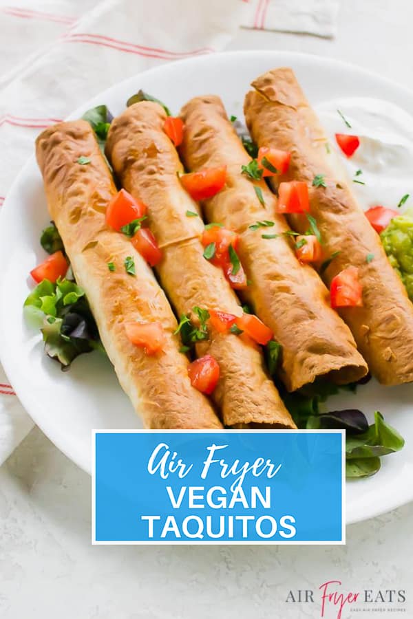 Air Fryer Taquitos are super crunchy rolled tacos ready in just 20 minutes. Perfect with or without meat and any dipping sauce! #mexican #tacos #airfryer via @vegetarianmamma