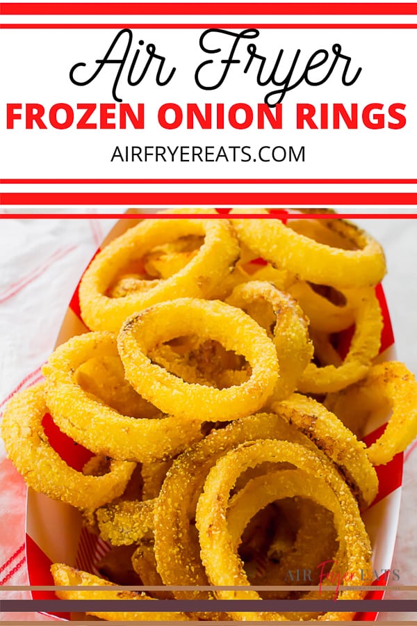 Overhead shot of crispy onion rings with overlay text