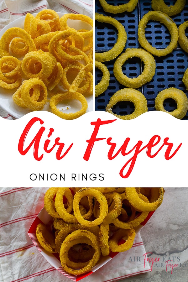 Skip the drive-thru with these quick and crispy Frozen Air Fryer Onion Rings! Get a great crunch without the oil and added fat. #airfryer #onionrings #foodfast via @vegetarianmamma