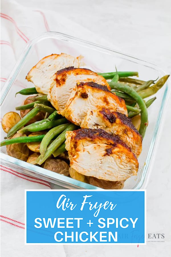 Air Fryer Sweet and Spicy Chicken is ready in less than half an hour and perfect for meal prep! Covered with seasonings and brown sugar for a rich crust. #airfryer #chicken #easymealprep via @vegetarianmamma