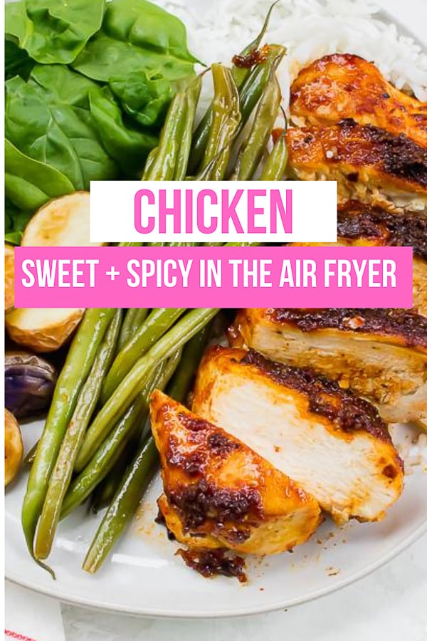 Air Fryer Sweet and Spicy Chicken is ready in less than half an hour and perfect for meal prep! Covered with seasonings and brown sugar for a rich crust. #airfryer #chicken #easymealprep via @vegetarianmamma