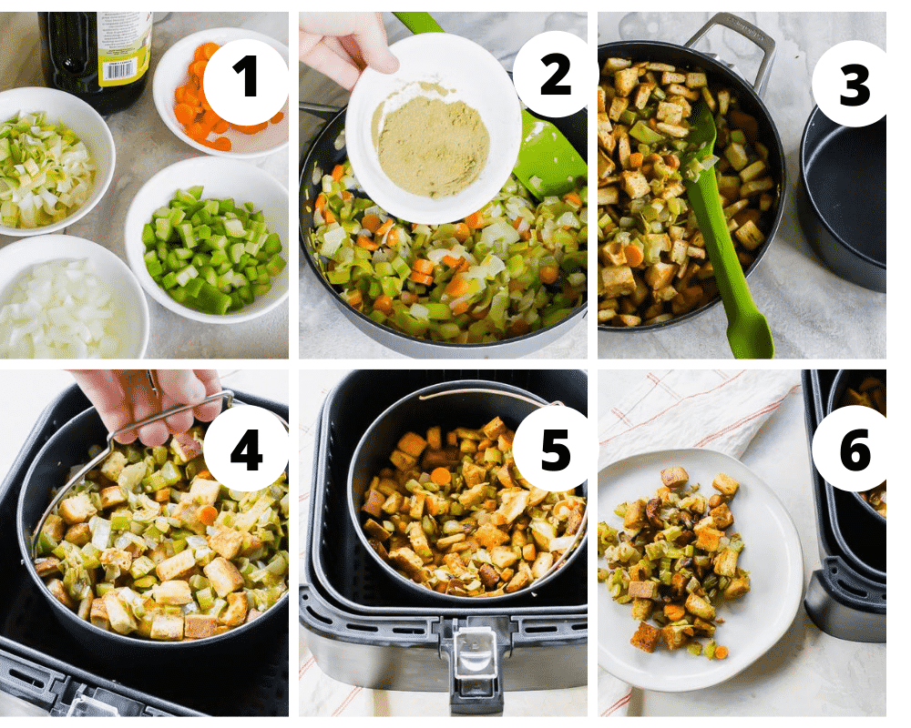 collage of 6 pictures showing air fryer stuffing directions