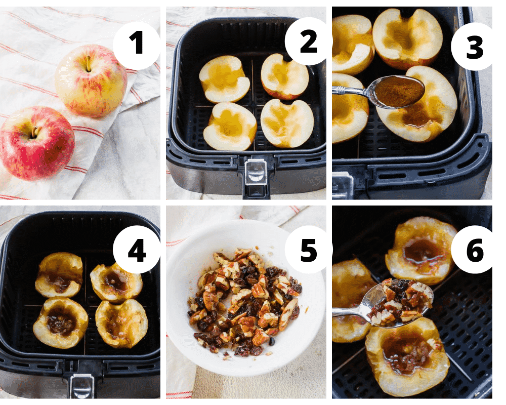 collage picture showing the steps of air fryer spiced apples
