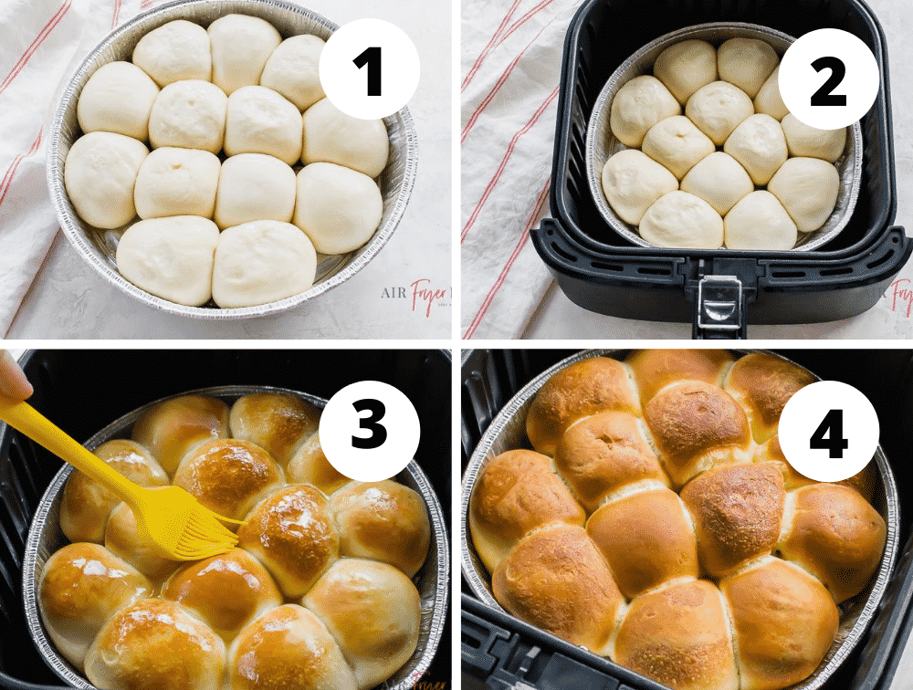 collage of 4 pictures showing the step in how to make frozen rolls in the air fryer. Let the rolls rise, air fryer, slather in butter and enjoy