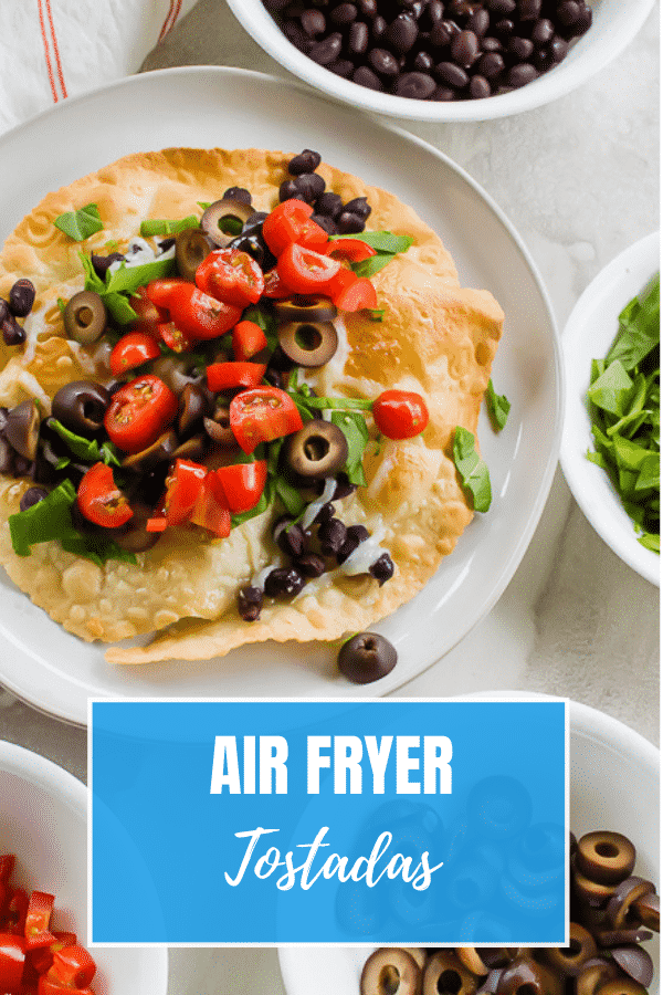 Air Fryer Tostadas are the perfect flat homemade taco shell with or without meat! These open-faced tacos are super crispy and ready in just 6 minutes each! #vegetarian #tacos #airfryer via @vegetarianmamma
