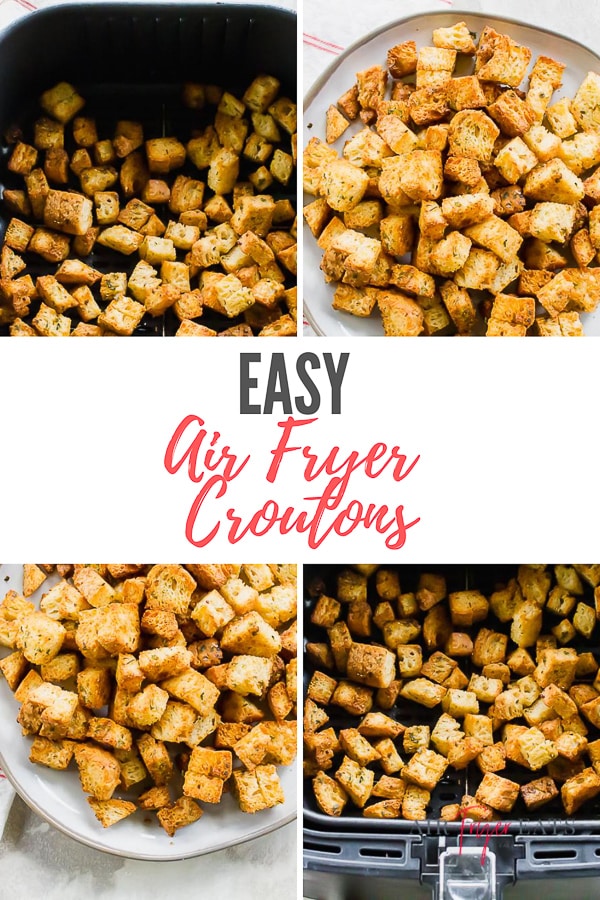 Air Fryer Croutons are the crispiest! With just a few spices and a little butter, these homemade croutons are done in less than 10 minutes. #airfryer #croutons #soup #salad via @vegetarianmamma