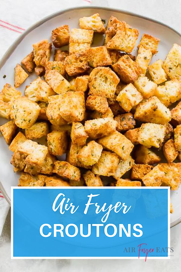 Air Fryer Croutons are the crispiest! With just a few spices and a little butter, these homemade croutons are done in less than 10 minutes. #airfryer #croutons #soup #salad via @vegetarianmamma