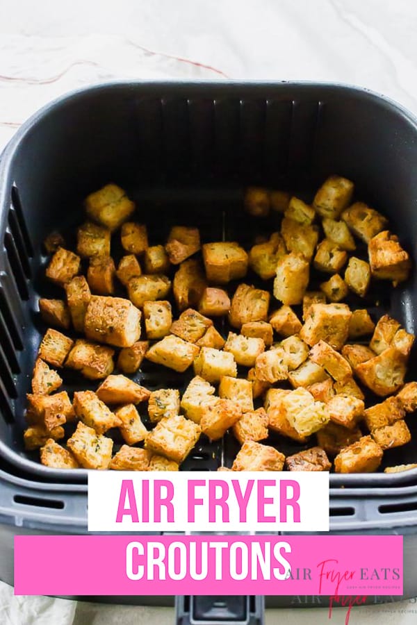 Air Fryer Croutons are the crispiest! With just a few spices and a little butter, these homemade croutons are done in less than 10 minutes. #airfryer #croutons #soup #salad via @vegetarianmamma