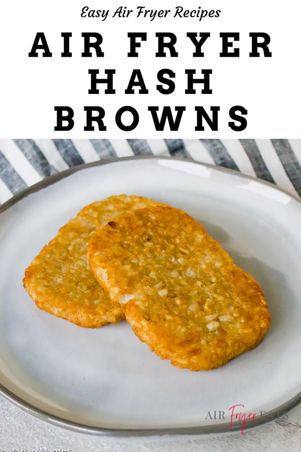 Two golden hash browns on a white plate with overlay text