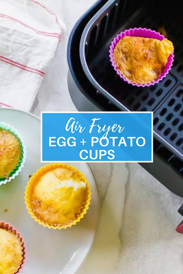 Tater Tot and Egg Cups in the Air Fryer couldn't be easier! Make a quick protein-packed on-the-go breakfast with melted cheese and crunchy tater tots under fluffy scrambled eggs. #eggcups #breakfast #vegetarian via @vegetarianmamma