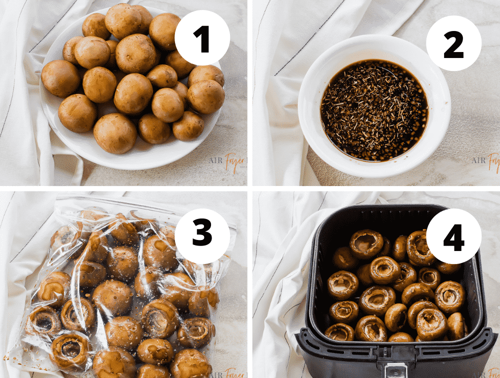 photo collage of 4 steps to make balsamic mushrooms in the air fryer.