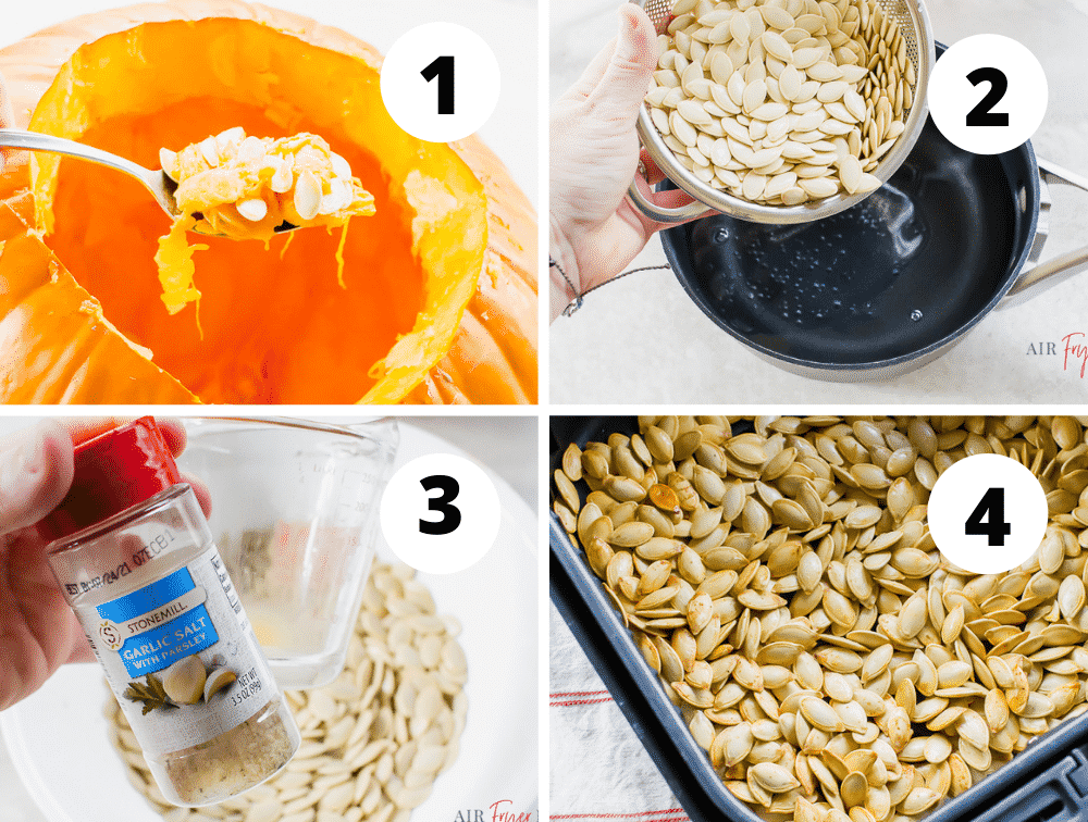 collage of how to make air fryer pumpkin seeds