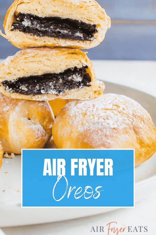 Air Fried Oreos are a healthier version of your favorite fair food! Just 3 ingredients and 5 minutes needed to make this quick and easy #vegandessert. #airfryerdessert #quickdessert via @vegetarianmamma
