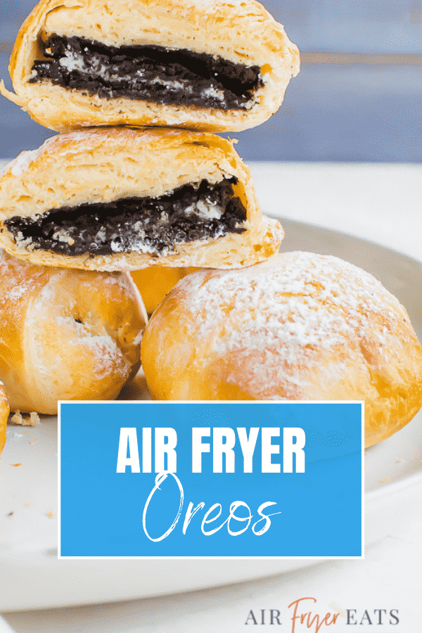 Fried Oreos stacked on a white plate with old overlay text