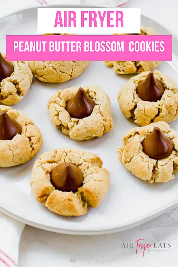Air Fryer Peanut Butter Blossom Cookies are a delicious traditional cookie that is perfect for a holiday or for any time of year. Make these cookies in the air fryer in 7 minutes!  via @vegetarianmamma