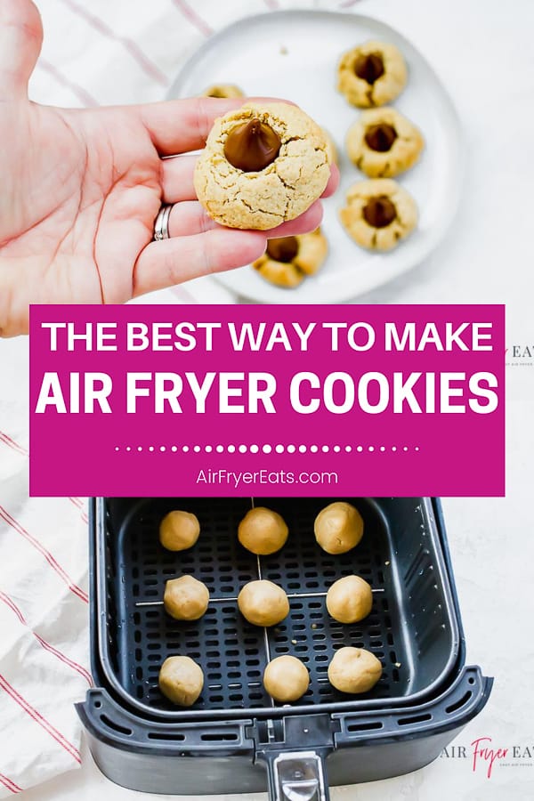 Air Fryer Peanut Butter Blossom Cookies are a delicious traditional cookie that is perfect for a holiday or for any time of year. Make these cookies in the air fryer in 7 minutes! #airfryer #peanutbuttercookies #christmascookies via @vegetarianmamma