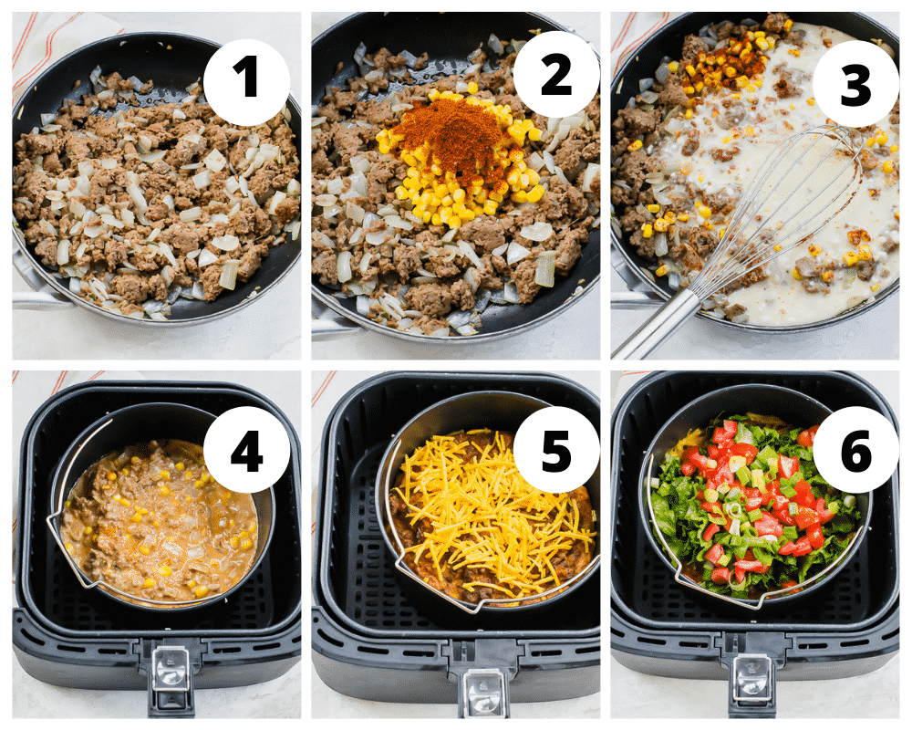 Step by step photo collage of how to make taco pie in the air fryer.