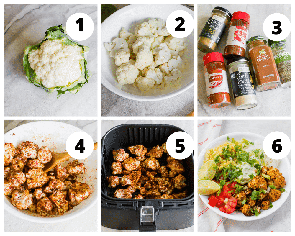 Collage of steps to make cauliflower air fryer taco bowls with lime cream sauce