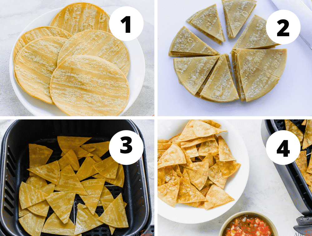 image collage of four steps to make chips in air fryer. 