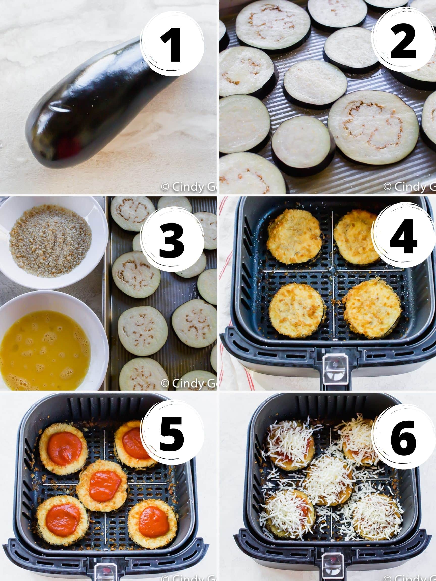 photo collage of six steps to make eggplant parmesan in the air fryer