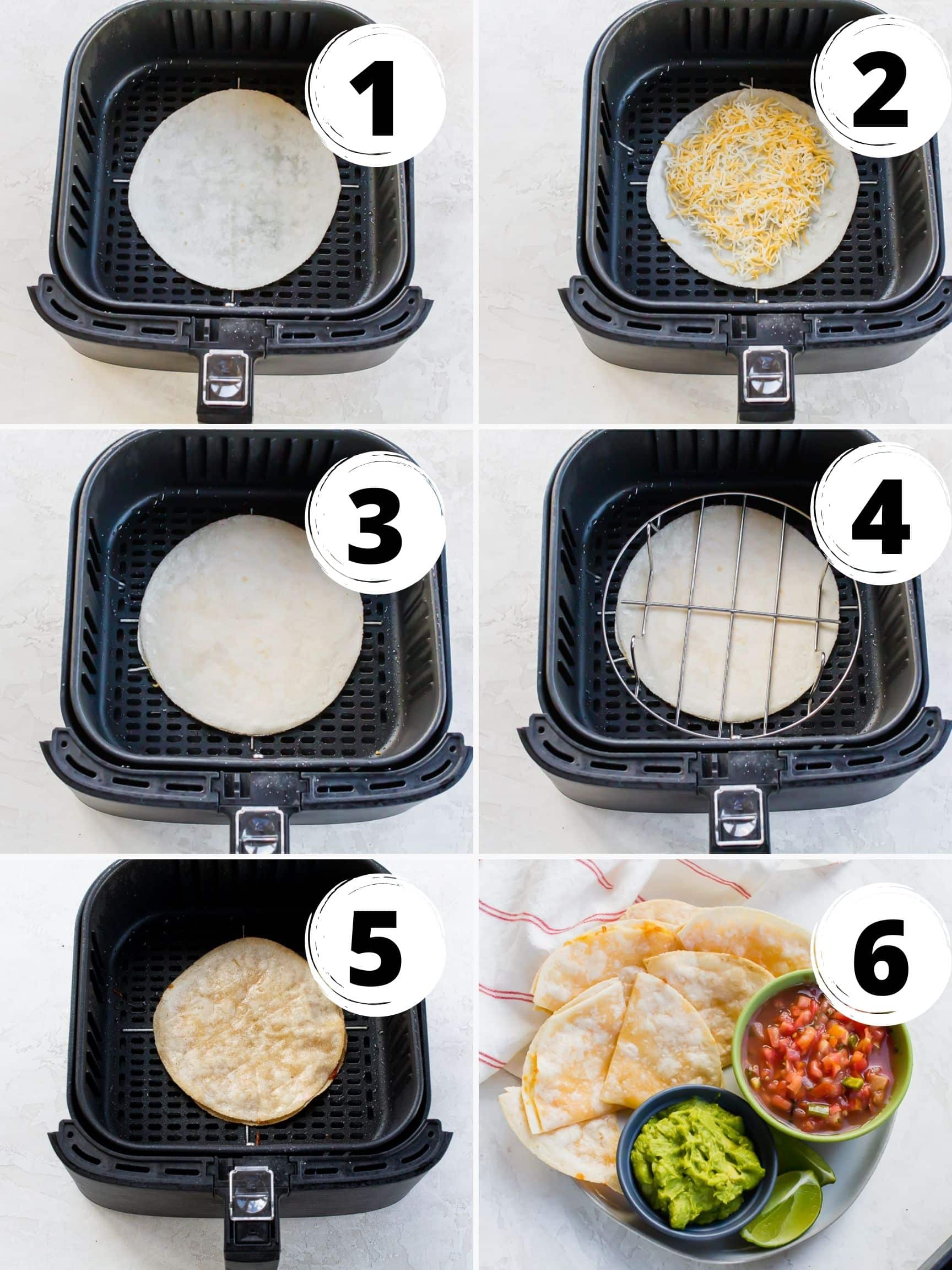 Photo collage of steps for making air fryer quesadillas