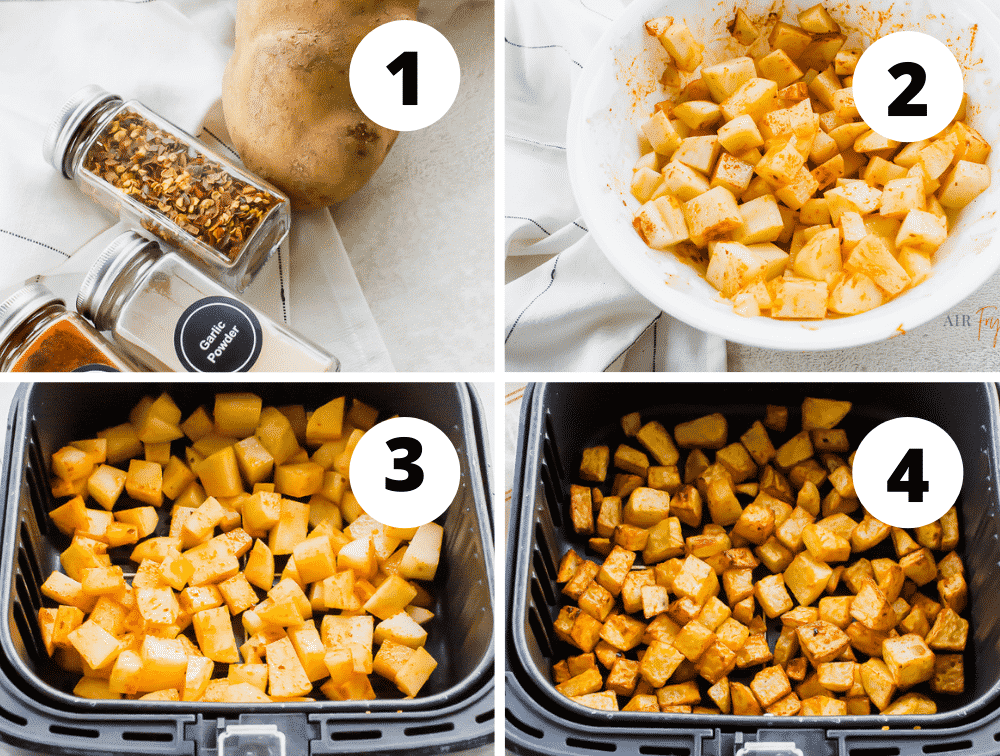 photo collage of four steps to make breakfast potatoes