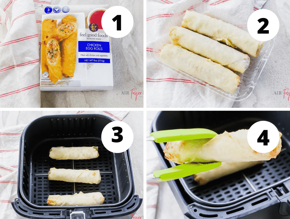 photo collage of 4 steps for making eggrolls in an air fryer