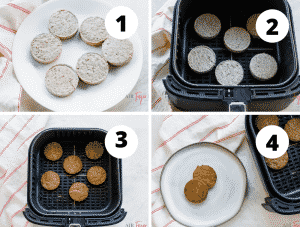 image collage of four steps needed to make frozen sausage in air fryer