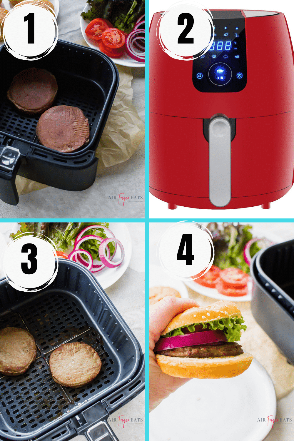 Collage of steps to make frozen turkey burgers in an air fryer