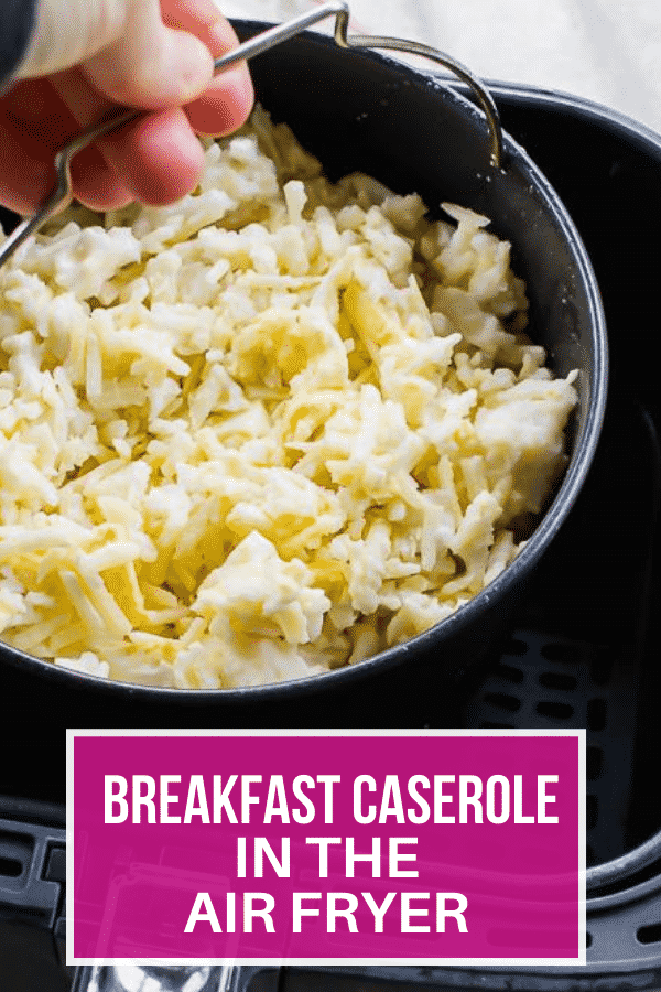 Air Fryer Breakfast casserole made with hard boiled eggs and hash brown potatoes is hearty, comforting, and easy to make. #breakfast #airfryer via @vegetarianmamma