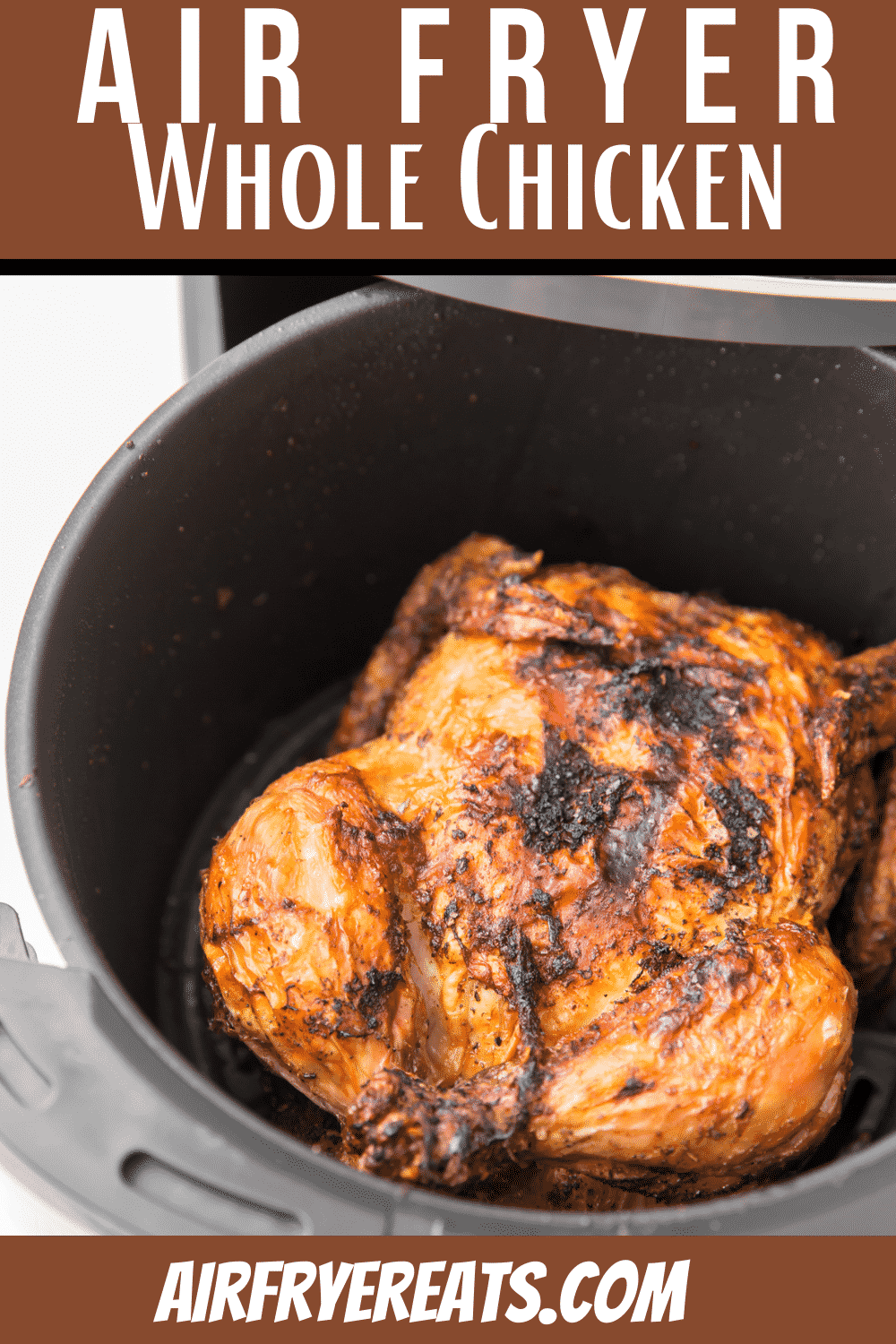 This Air Fryer Whole Chicken recipe makes the most succulent roasted chicken in less than an hour! Skip the rotisserie chicken and make this at home with a few simple spices. #airfryerwholechicken #airfryerchicken via @vegetarianmamma