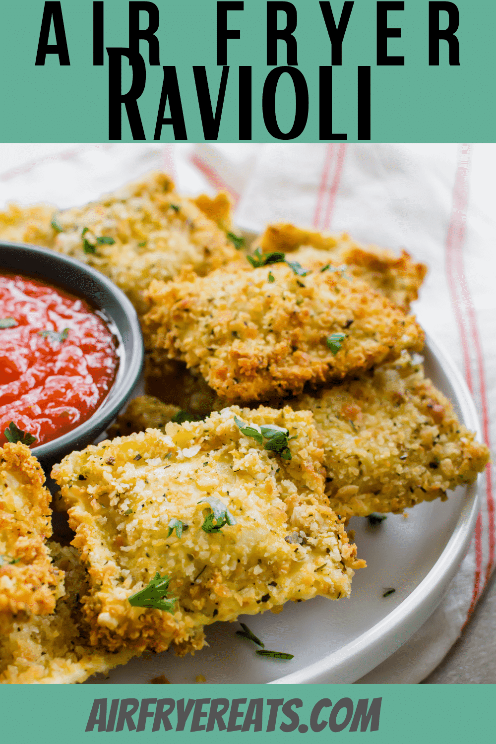 Turn frozen ravioli into a work of art with this simple method for making air fryer ravioli. These ravioli are crispy, cheesy, and irresistible with a side of marinara sauce. #airfryer #toastedravioli via @vegetarianmamma