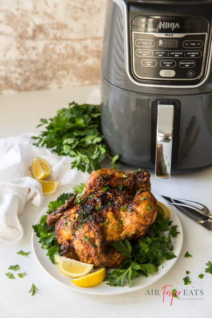 A whole roasted chicken on a plate with fresh parsley and lemon slices next to an air fryer