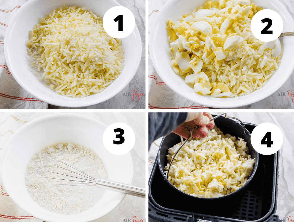 photo collage of four steps to make air fryer casserole