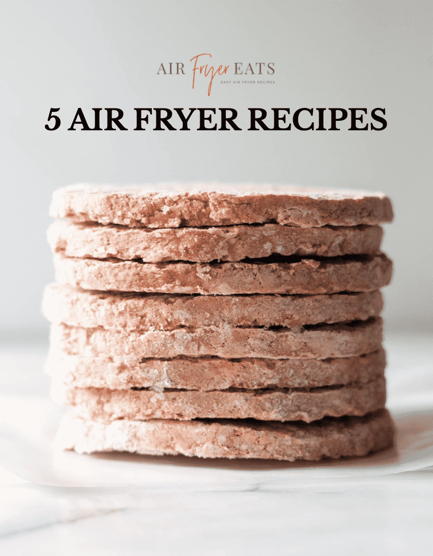 picture of frozen hamburger patties stacked with words 5 air fryer recipes