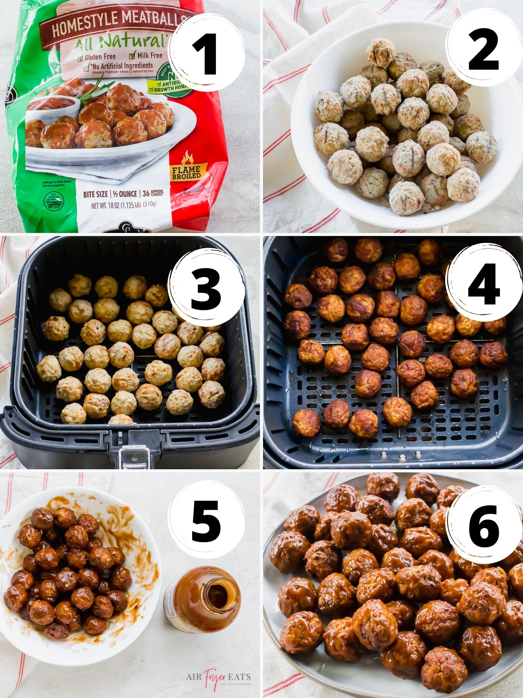 a photo collage of six steps to make air fryer meatballs
