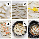 photo collage of six steps to make air fryer garlic knot pizza