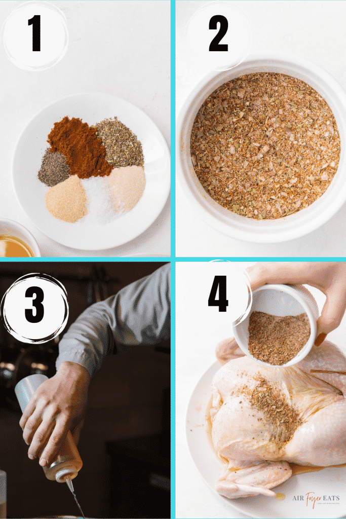 Collage of steps to make a chicken dry rub with paprika, garlic powder, onion powder, and oregano