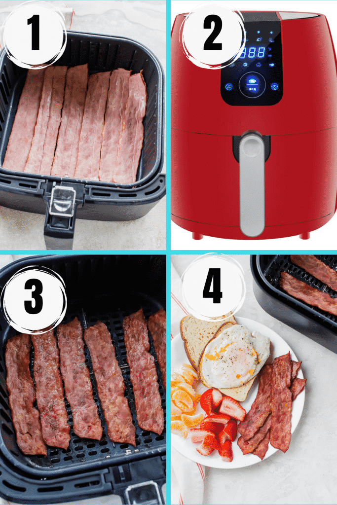 photo collage of 4 images showing how to make air fryer turkey bacon