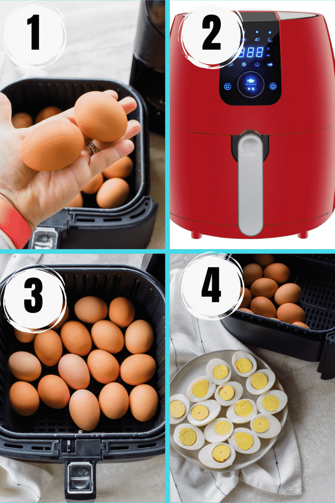 photo collage of four steps to make air fryer hard boiled eggs