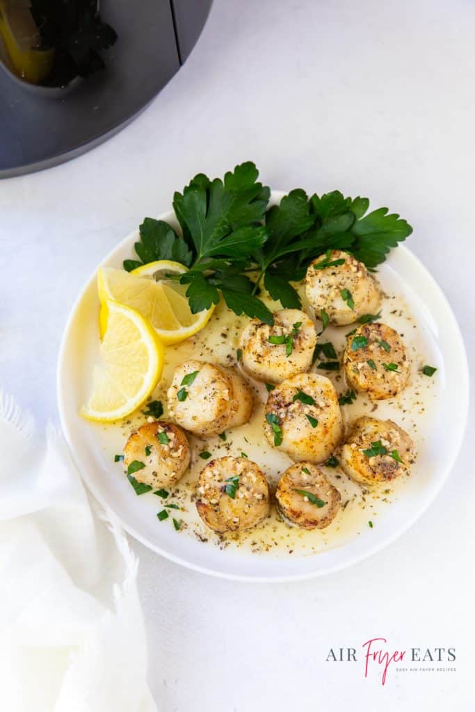 a round white plate on a white counter, plate is filled with cooked scallops topped with garlic and parsley and garnished with flatleaf parsley and lemon wedges