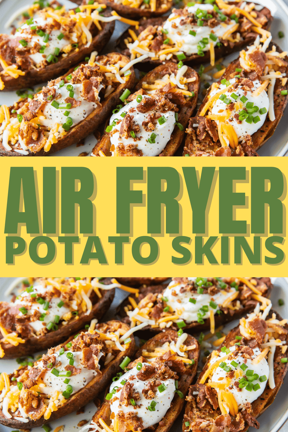 You can turn baked potatoes into cheesy, delicious Air Fryer Potato Skins. Nobody can resist this air fryer version of a favorite bar appetizer, topped with cheese, bacon, sour cream, and chives. #appetizer #airfryer #potatoskins via @vegetarianmamma