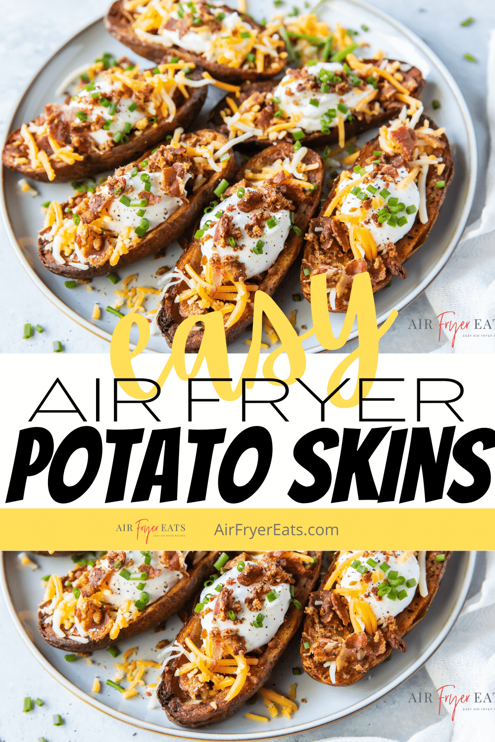 You can turn baked potatoes into cheesy, delicious Air Fryer Potato Skins. Nobody can resist this air fryer version of a favorite bar appetizer, topped with cheese, bacon, sour cream, and chives. #appetizer #airfryer #potatoskins via @vegetarianmamma