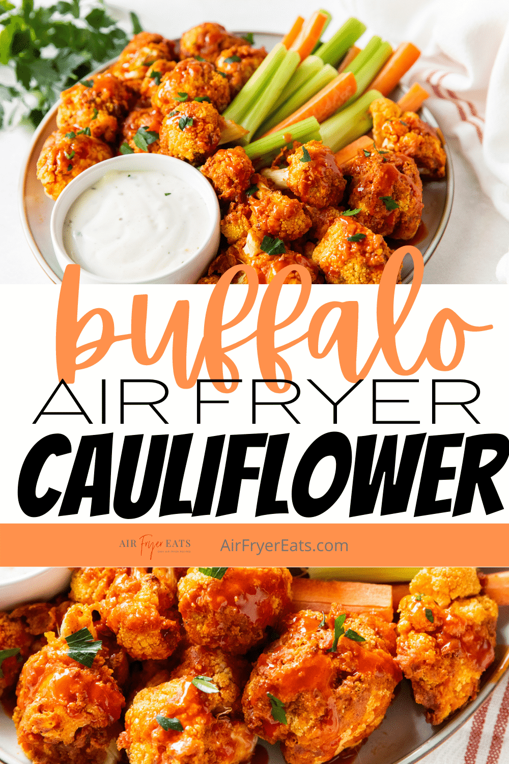 Air Fryer Buffalo Cauliflower is the spicy vegetarian finger food that you've been waiting for. Tender Cauliflower florets, lightly breaded and tossed with buffalo sauce are an amazing appetizer that everyone will enjoy. #airfryer #buffalocauliflower via @vegetarianmamma